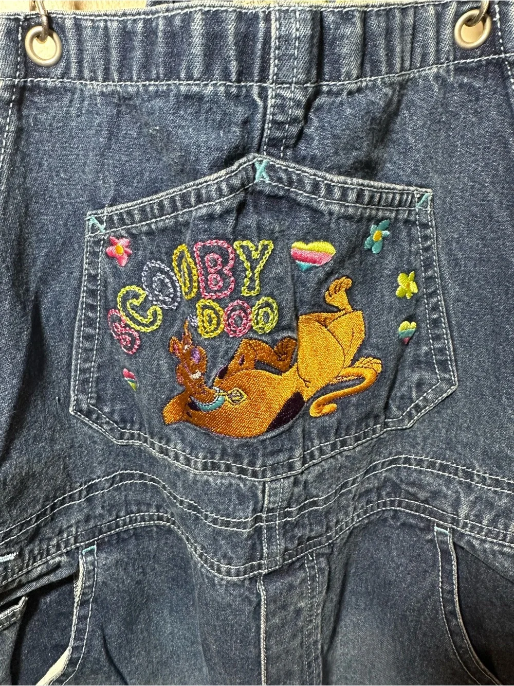 Y2K 2002 Scooby Doo Girls Size 14 Denim Overalls Embroidered  Cartoon Network - Picture 2 of 9